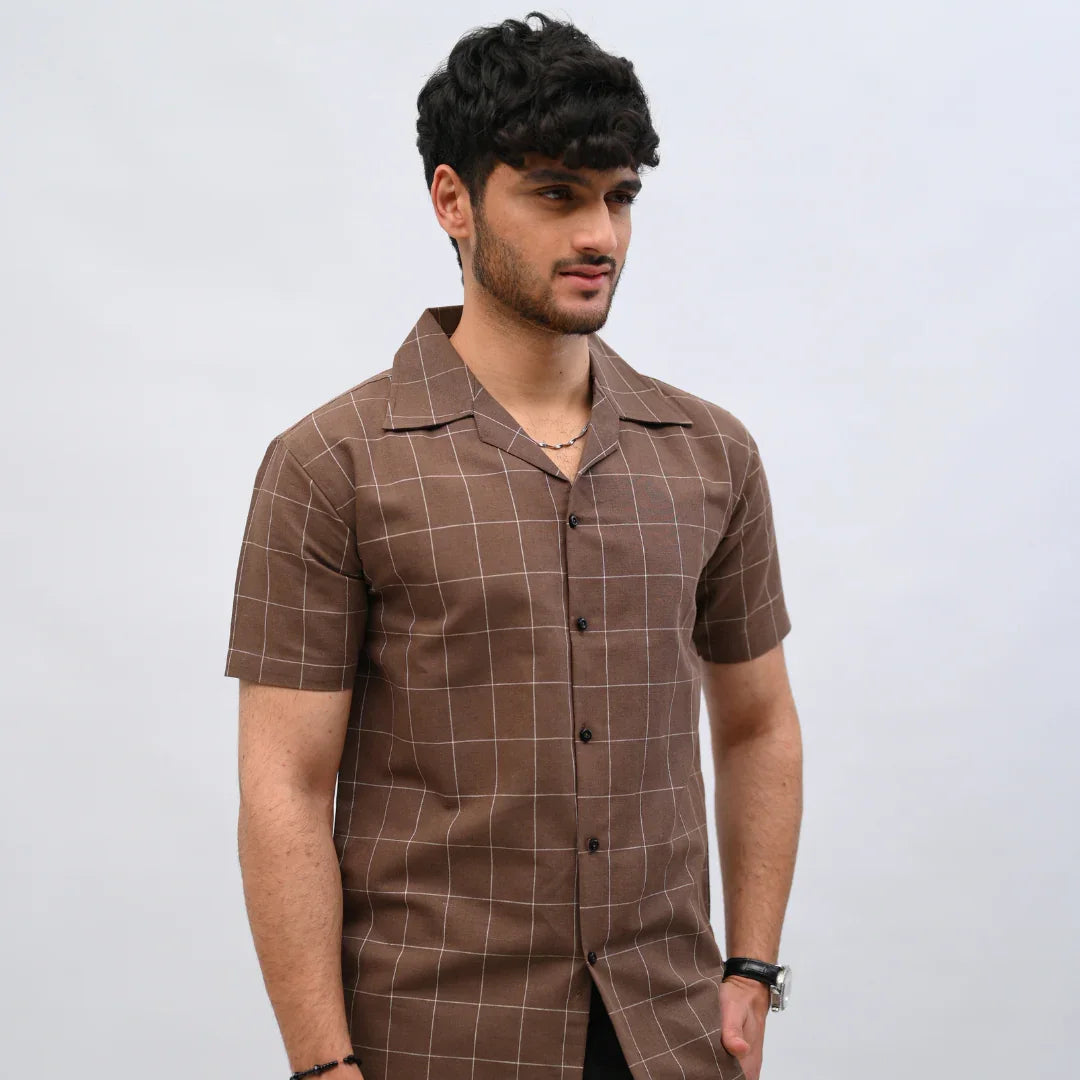 Brown Checkered Short-Sleeve Shirt - Mahi's