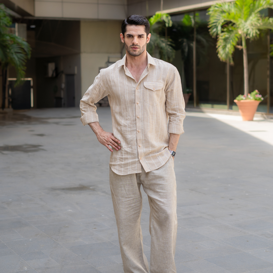 Beige Striped Pocketed Linen Shirt