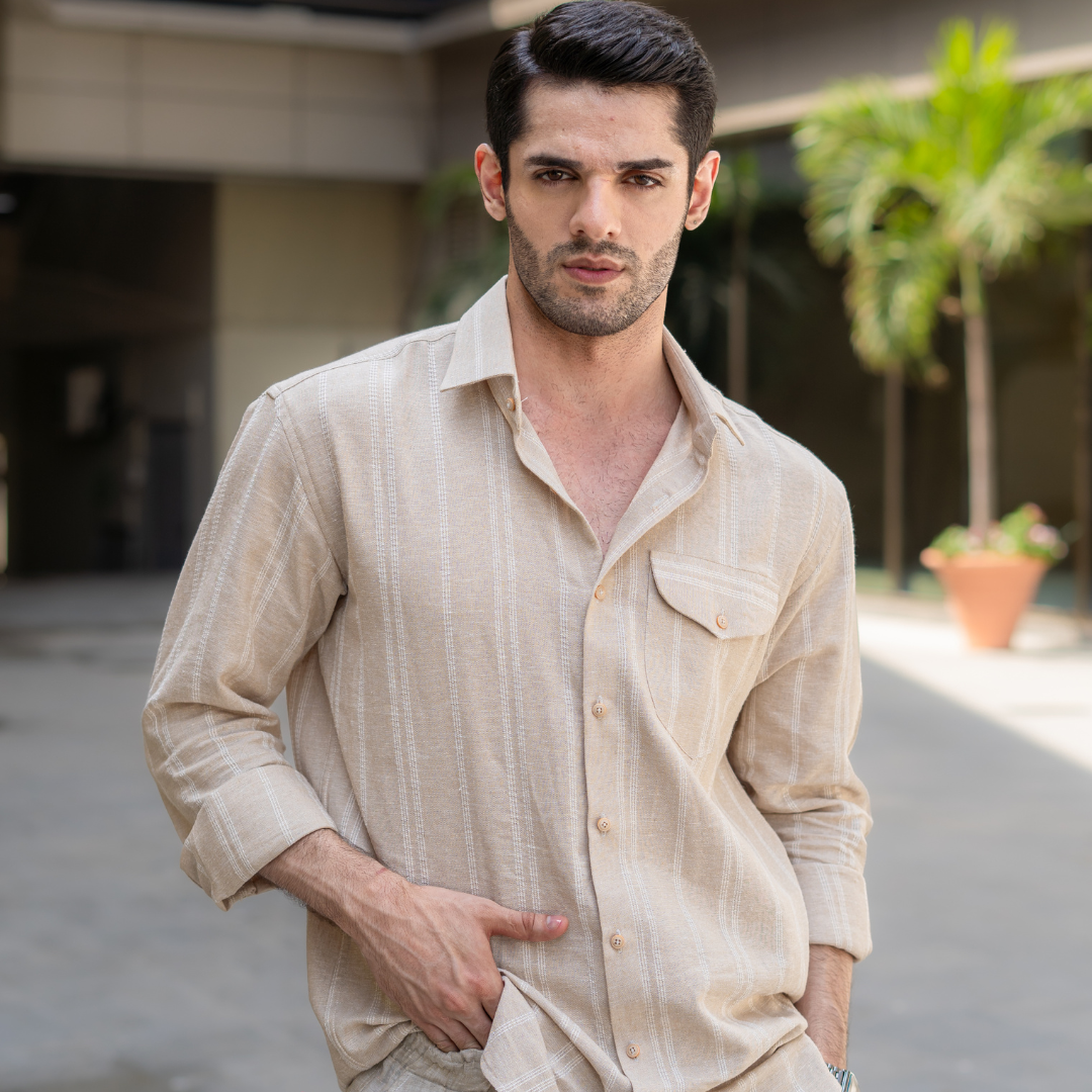 Beige Striped Pocketed Linen Shirt