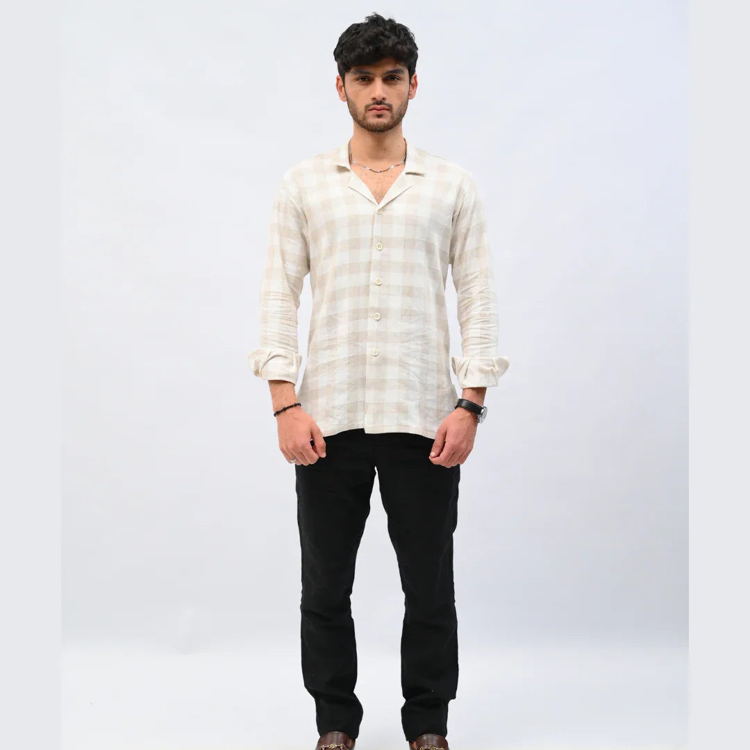 Beige Checkered Linen Shirt - Mahi's