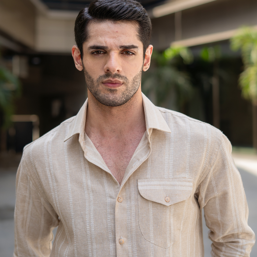 Beige Striped Pocketed Linen Shirt
