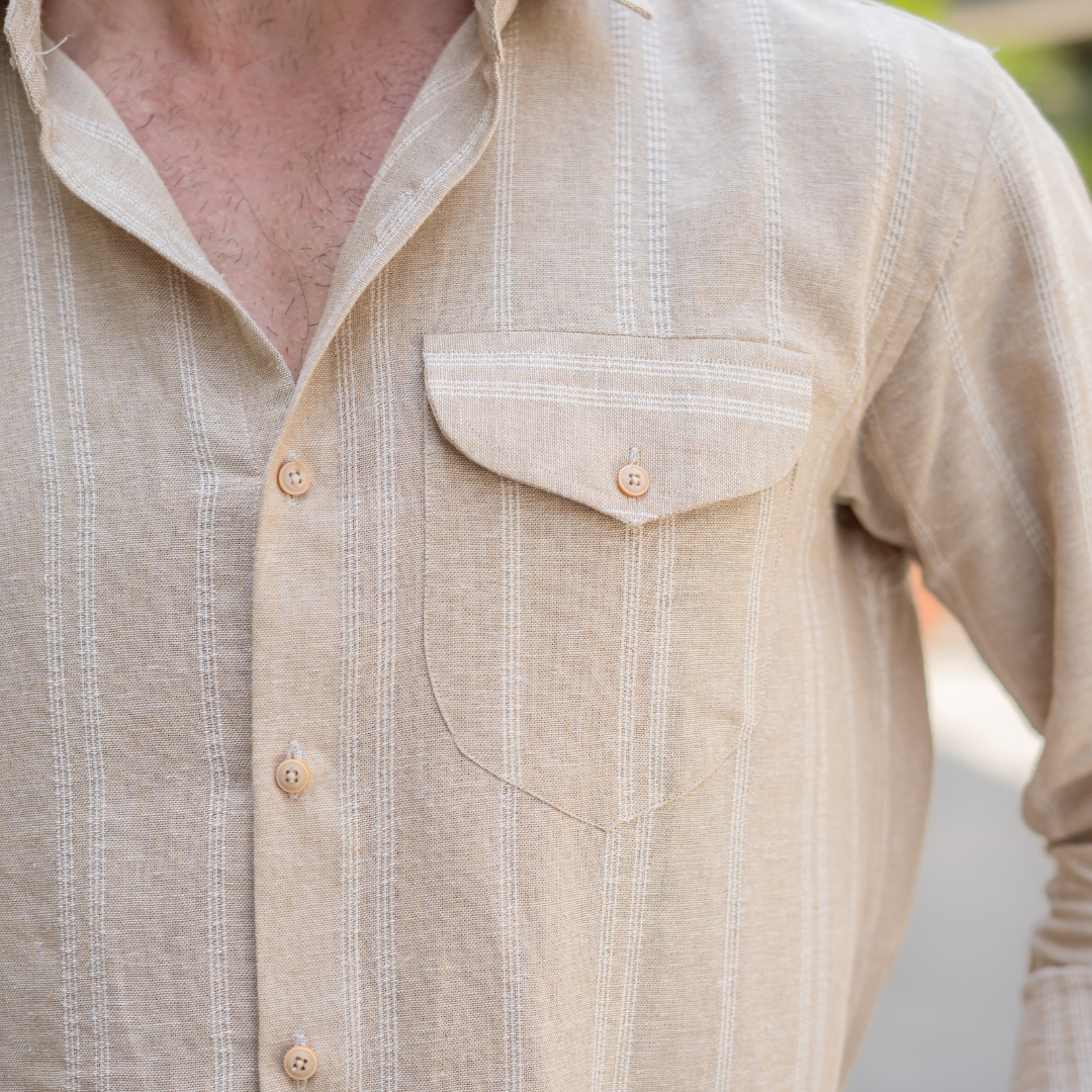 Beige Striped Pocketed Linen Shirt