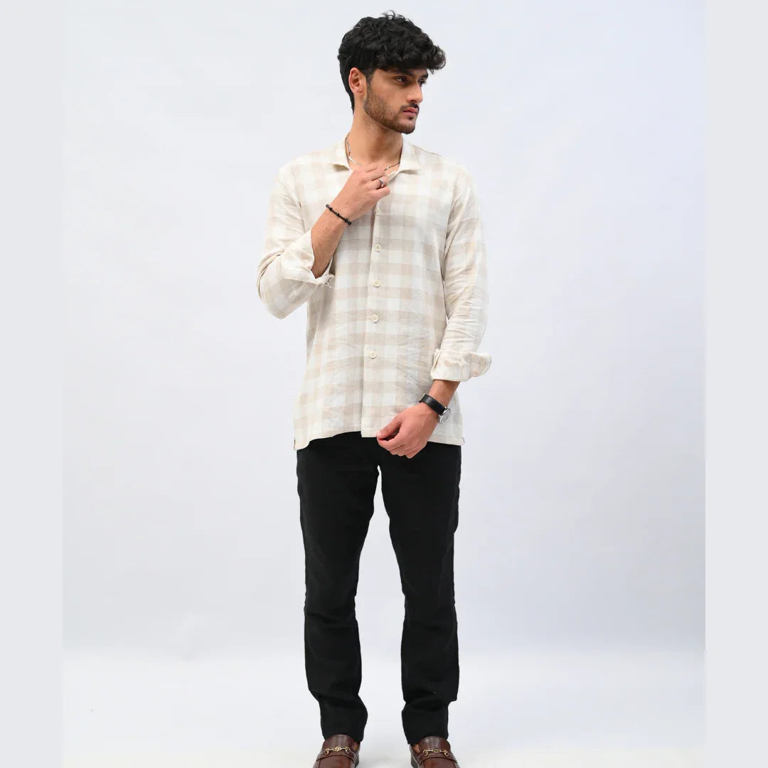 Beige Checkered Linen Shirt - Mahi's