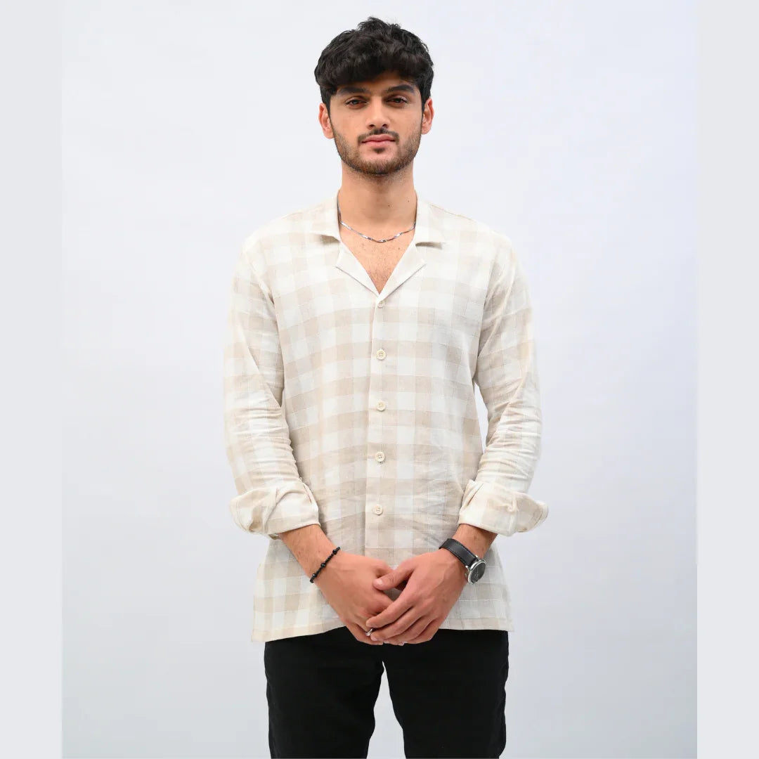 Beige Checkered Linen Shirt - Mahi's