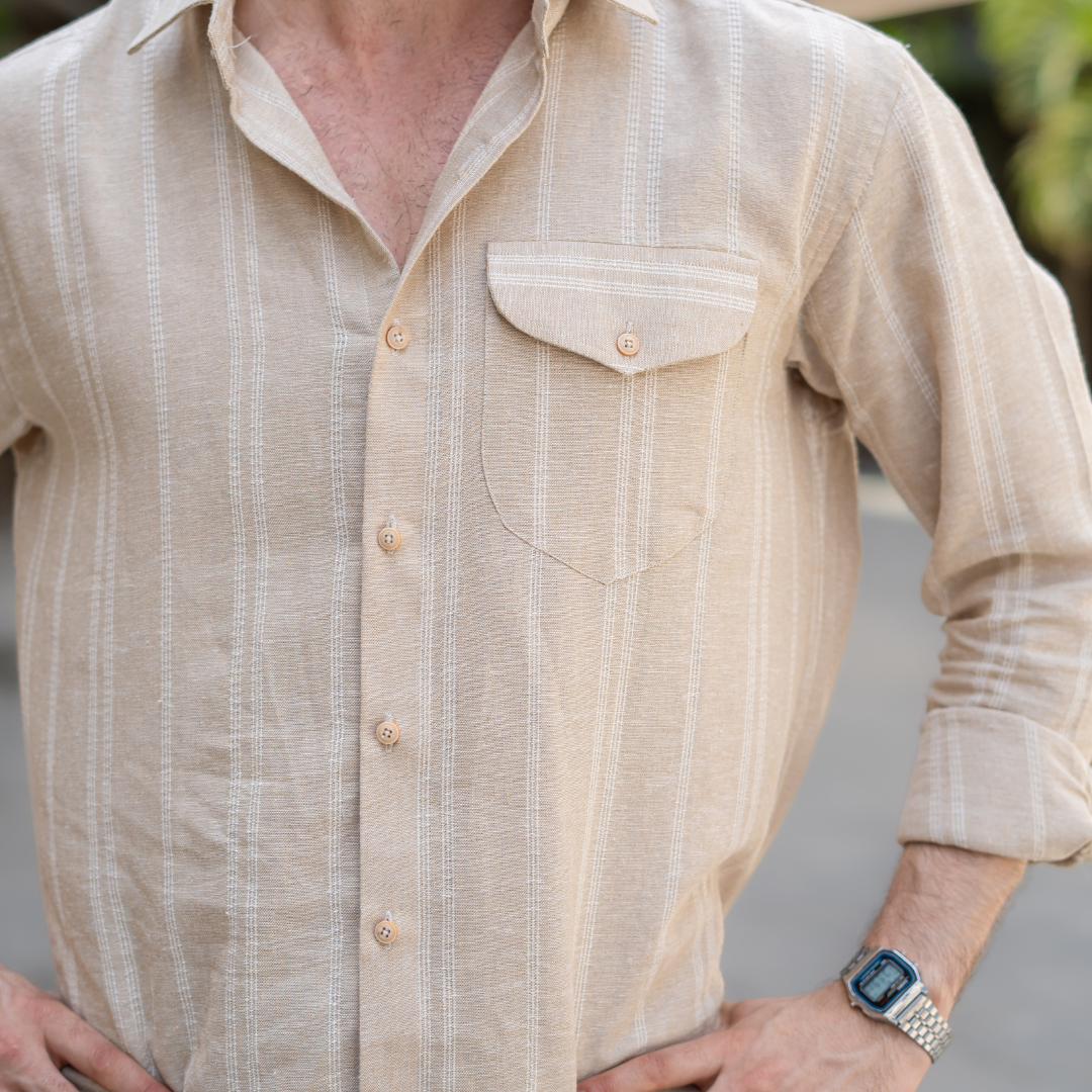 Beige Striped Pocketed Linen Shirt