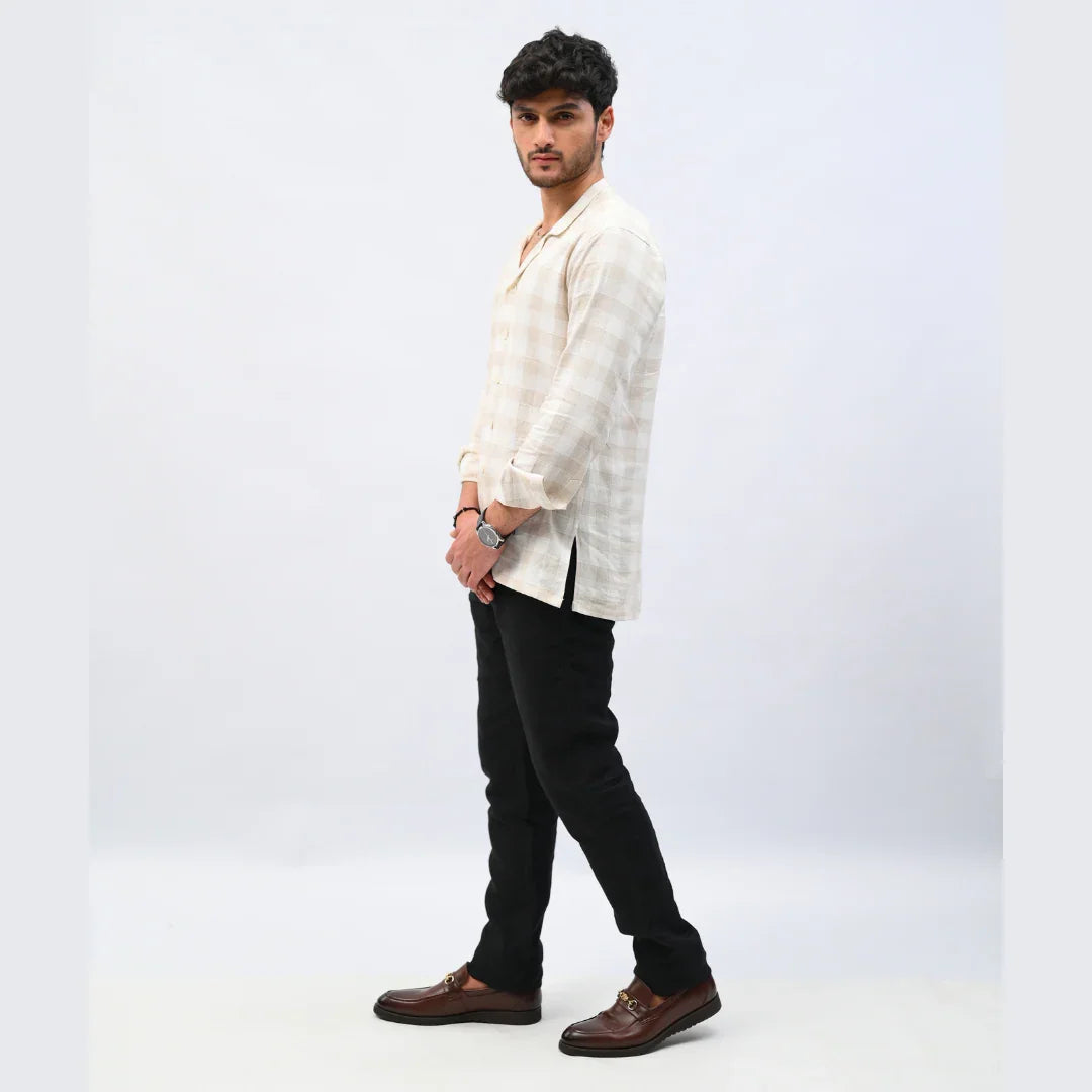 Beige Checkered Linen Shirt - Mahi's