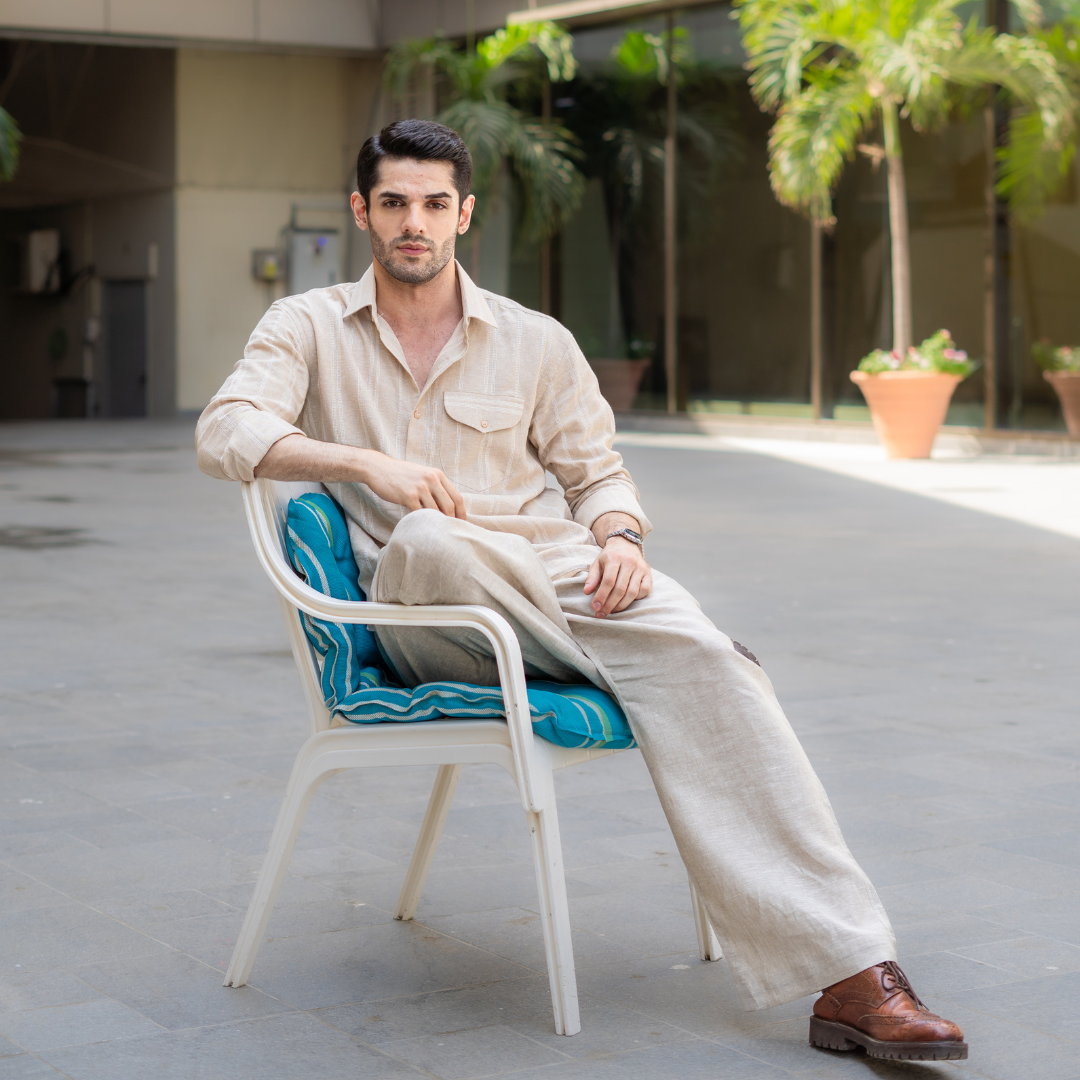 Beige Striped Pocketed Linen Shirt