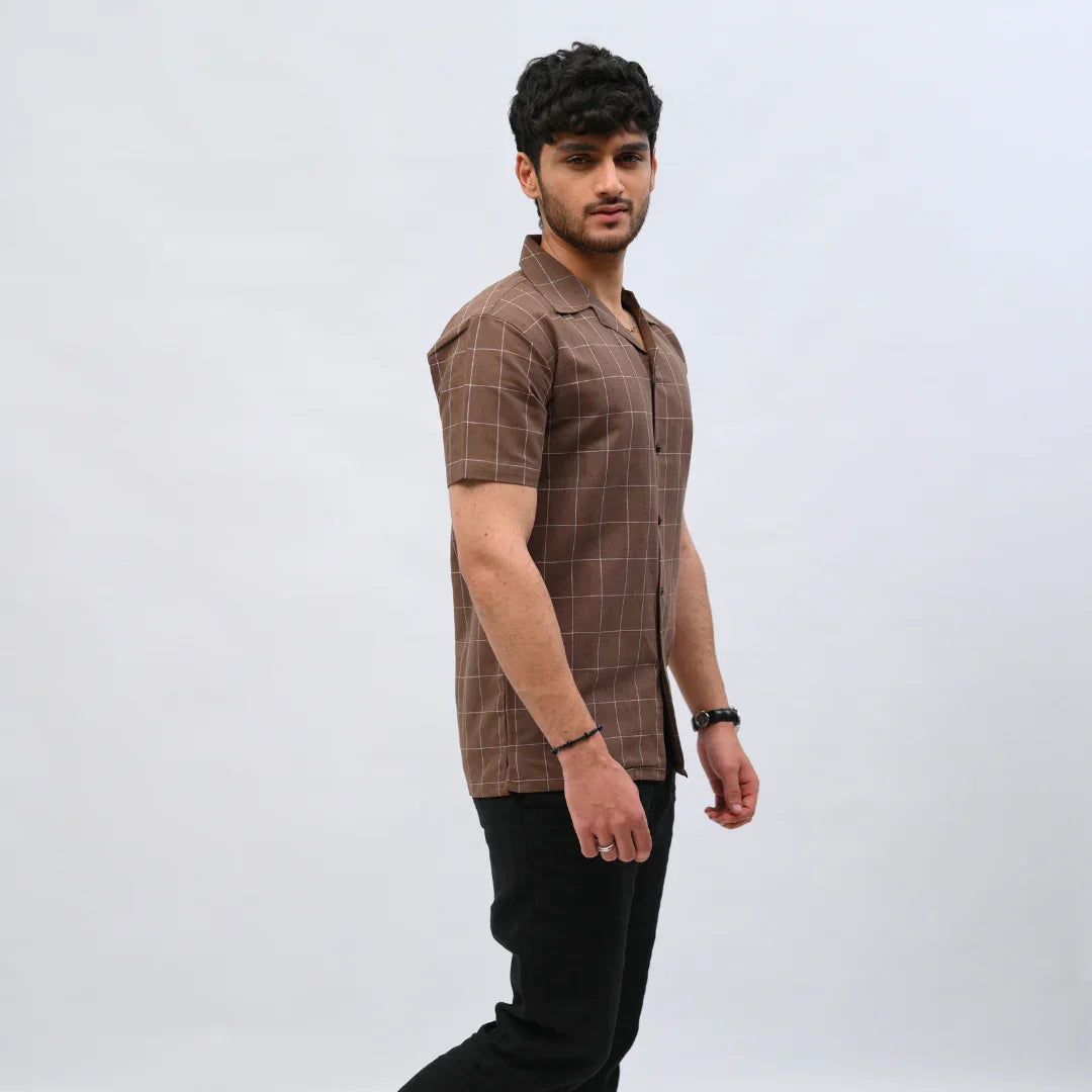 Brown Checkered Short-Sleeve Shirt - Mahi's