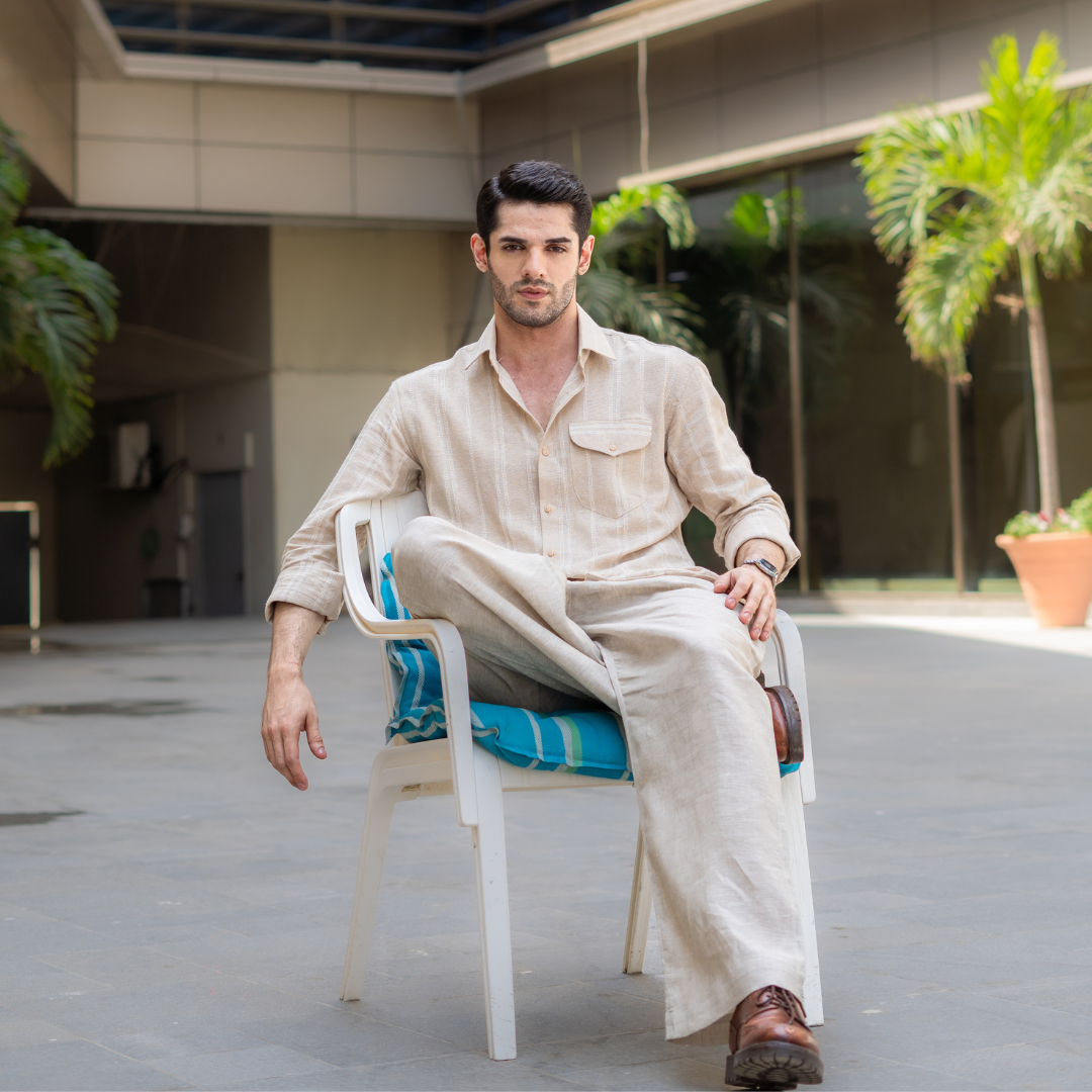 Beige Striped Pocketed Linen Shirt