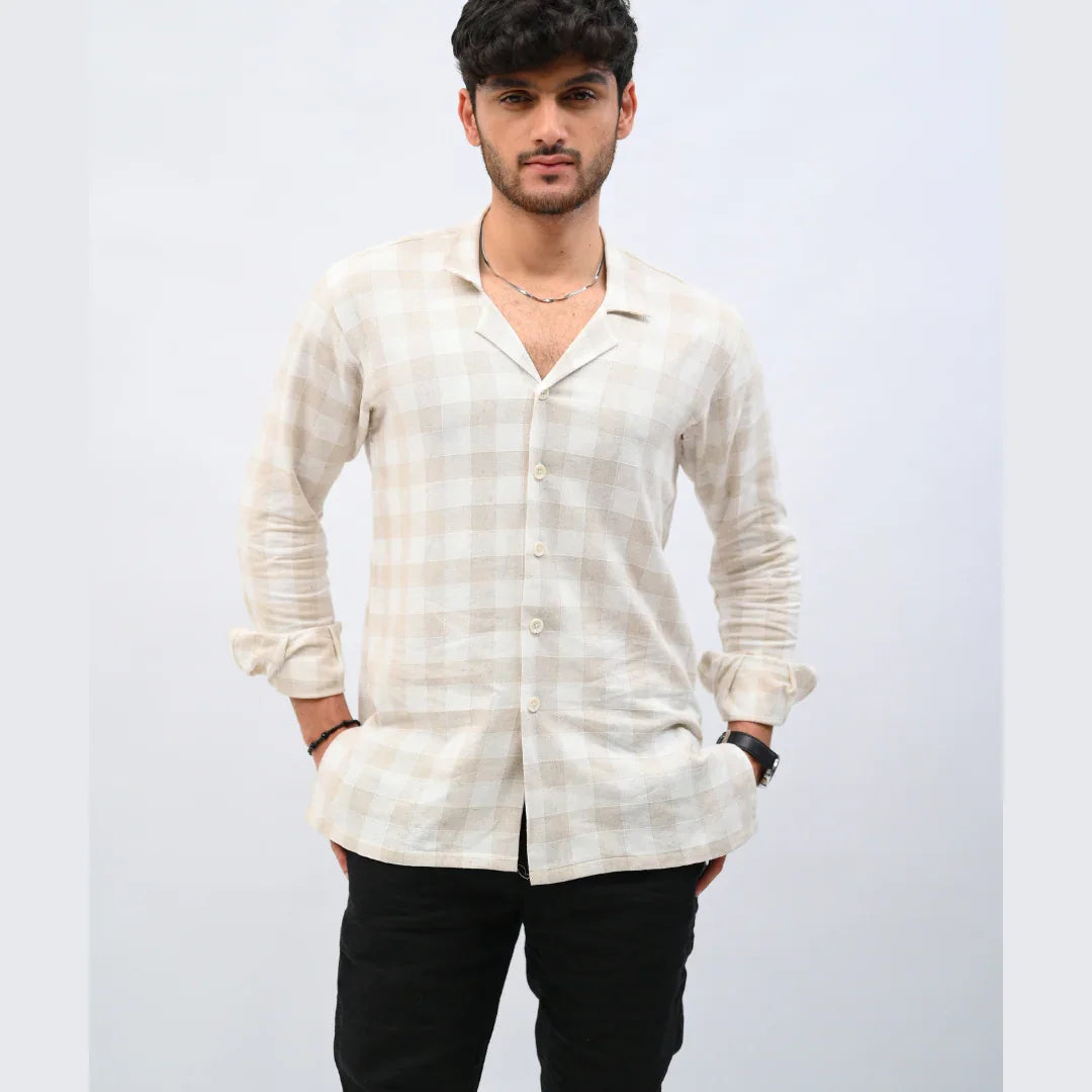 Beige Checkered Linen Shirt - Mahi's