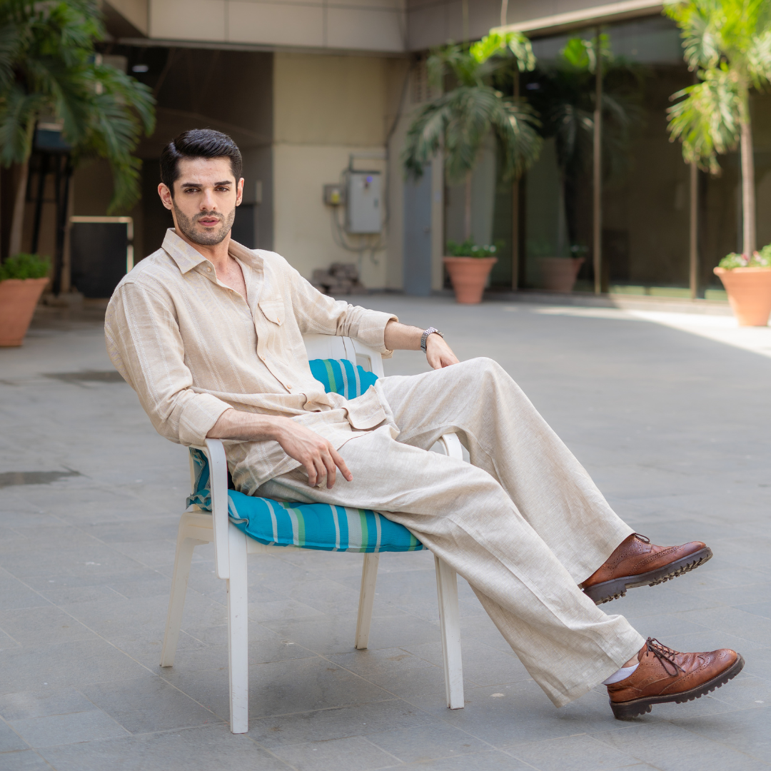 Beige Striped Pocketed Linen Shirt