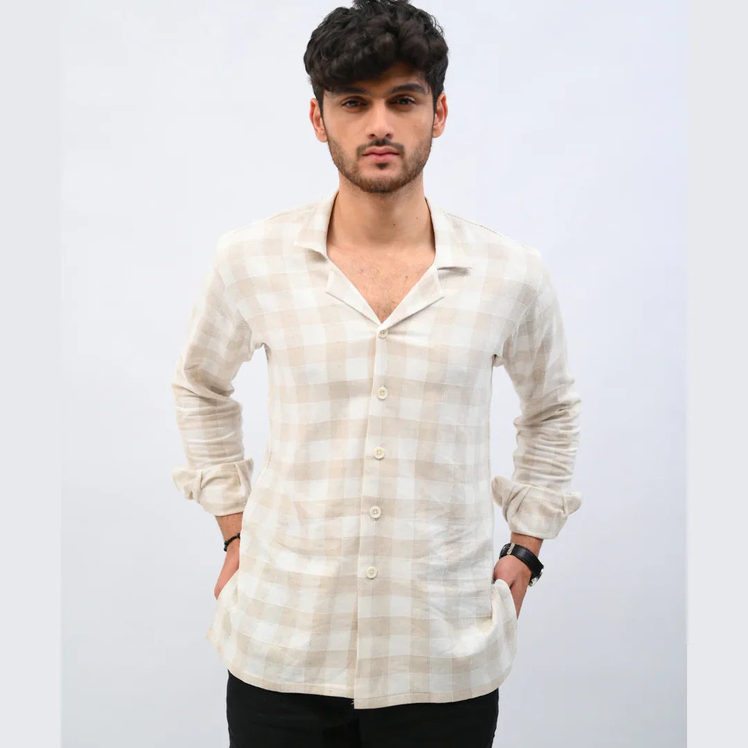 Beige Checkered Linen Shirt - Mahi's