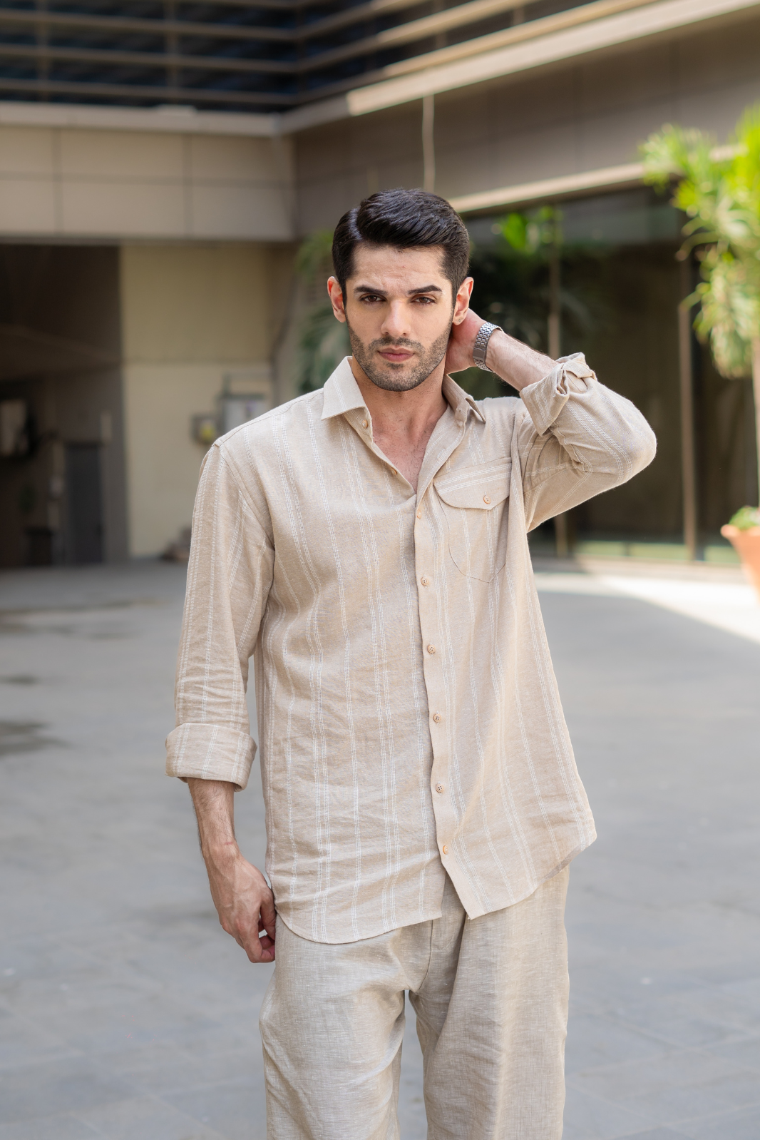 Beige Striped Pocketed Linen Shirt