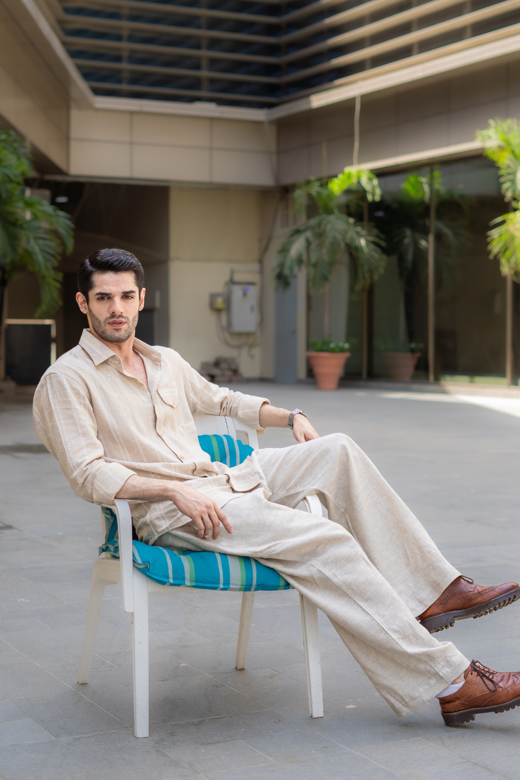 Beige Striped Pocketed Linen Shirt