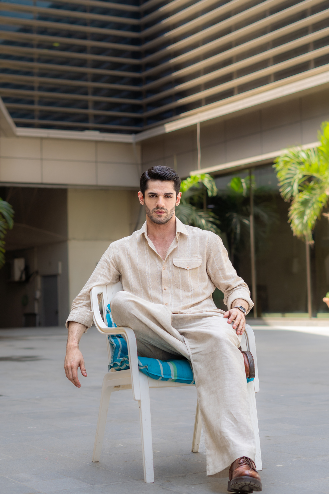 Beige Striped Pocketed Linen Shirt