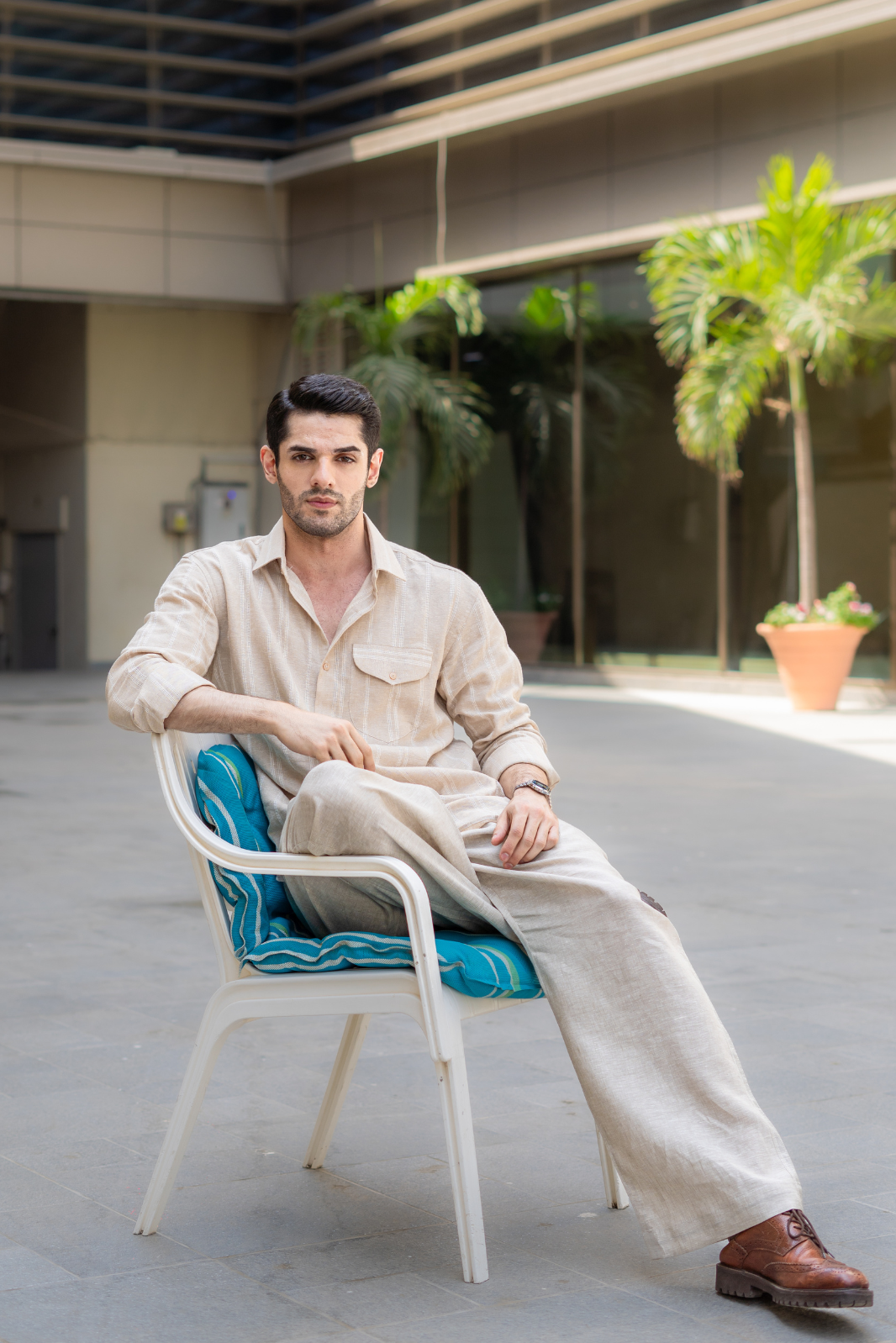 Beige Striped Pocketed Linen Shirt