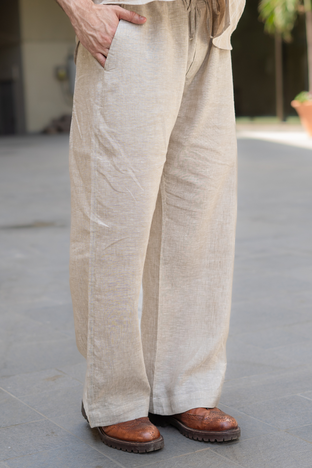 Beige Striped Pocketed Linen Shirt