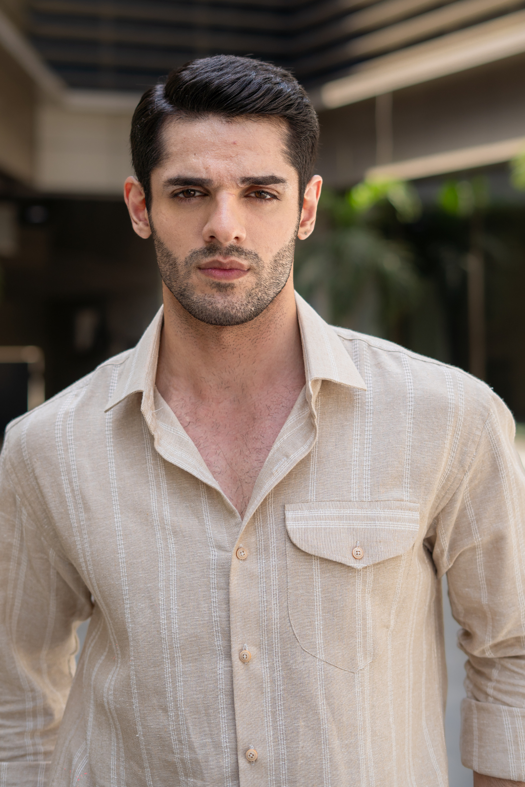Beige Striped Pocketed Linen Shirt