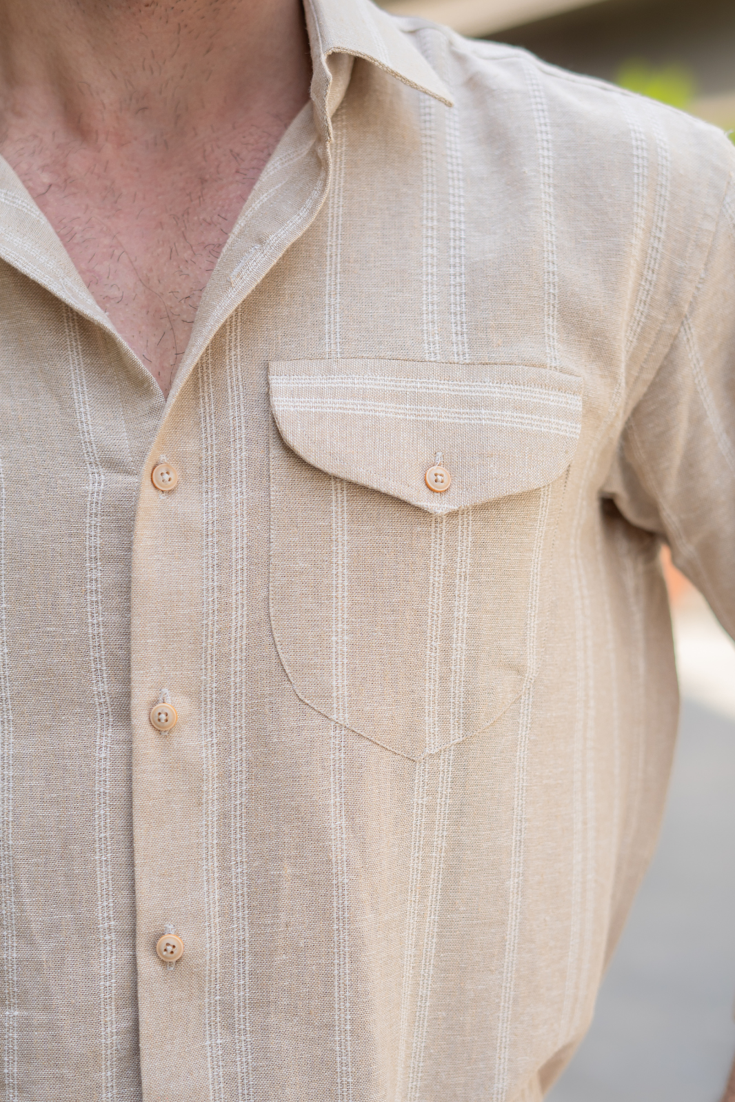 Beige Striped Pocketed Linen Shirt