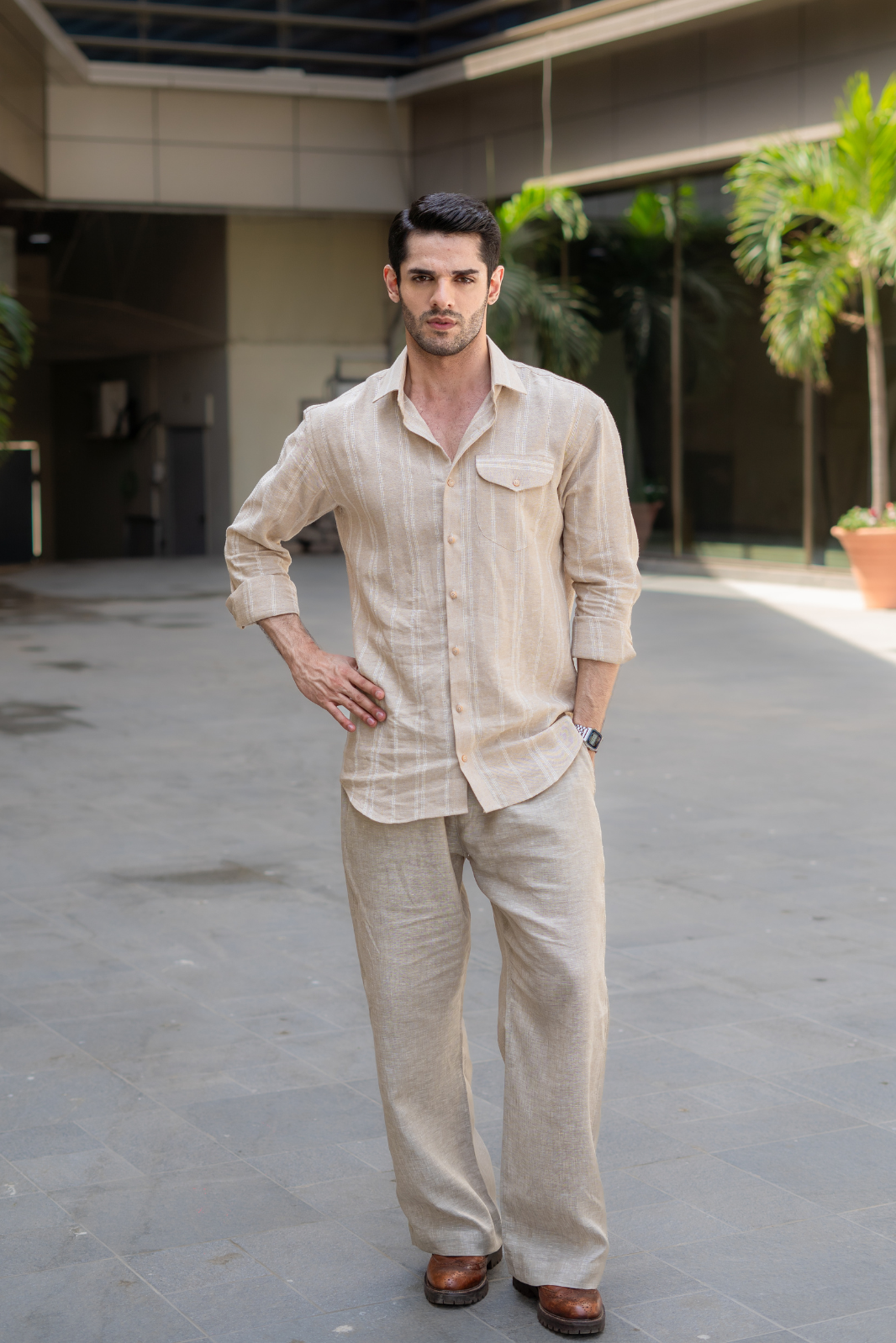 Beige Striped Pocketed Linen Shirt