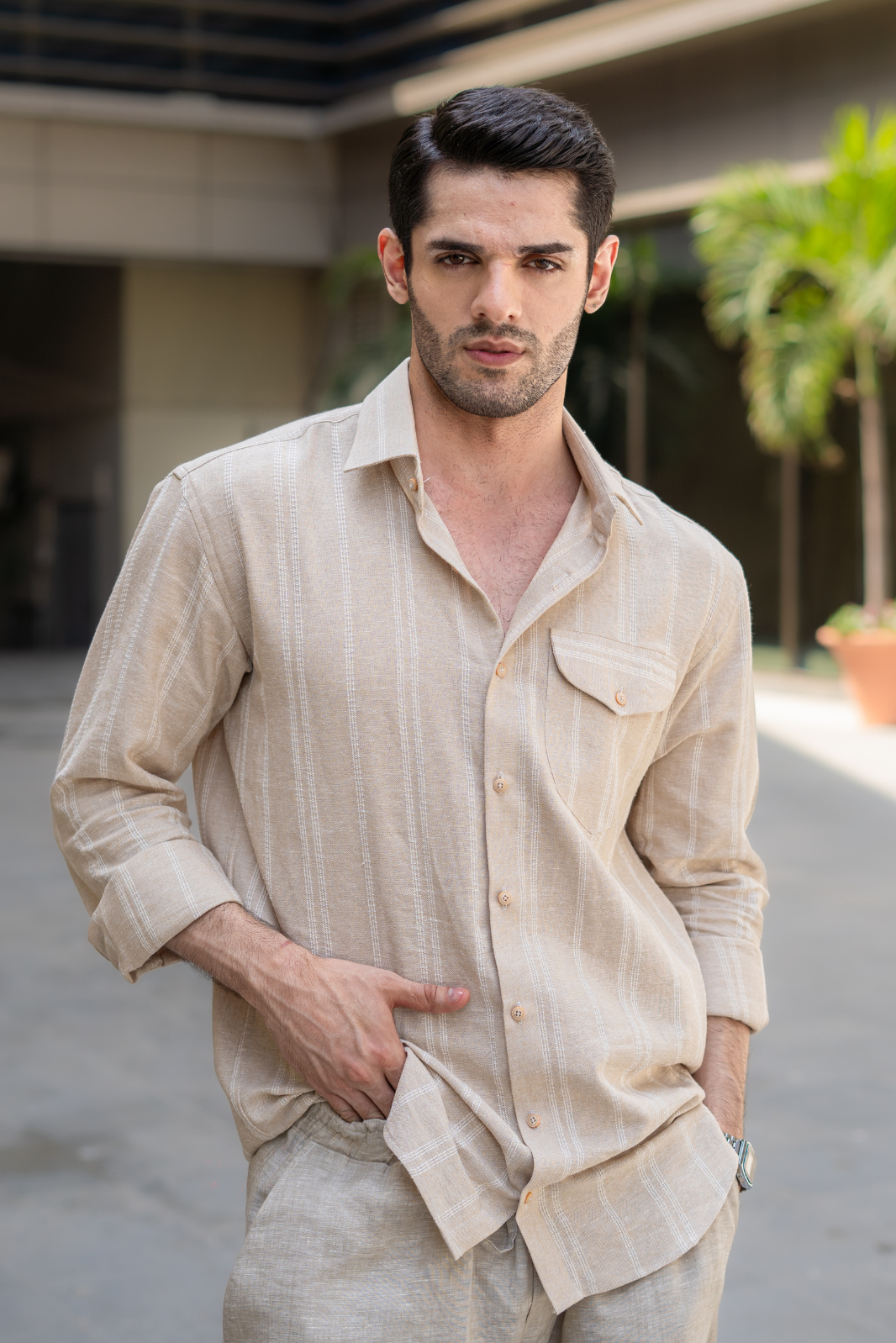 Beige Striped Pocketed Linen Shirt