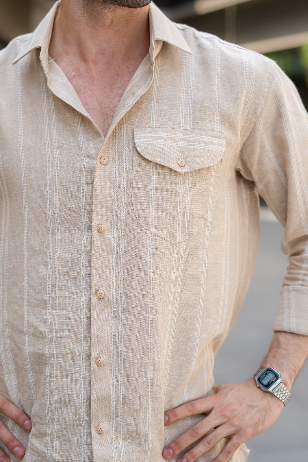 Beige Striped Pocketed Linen Shirt