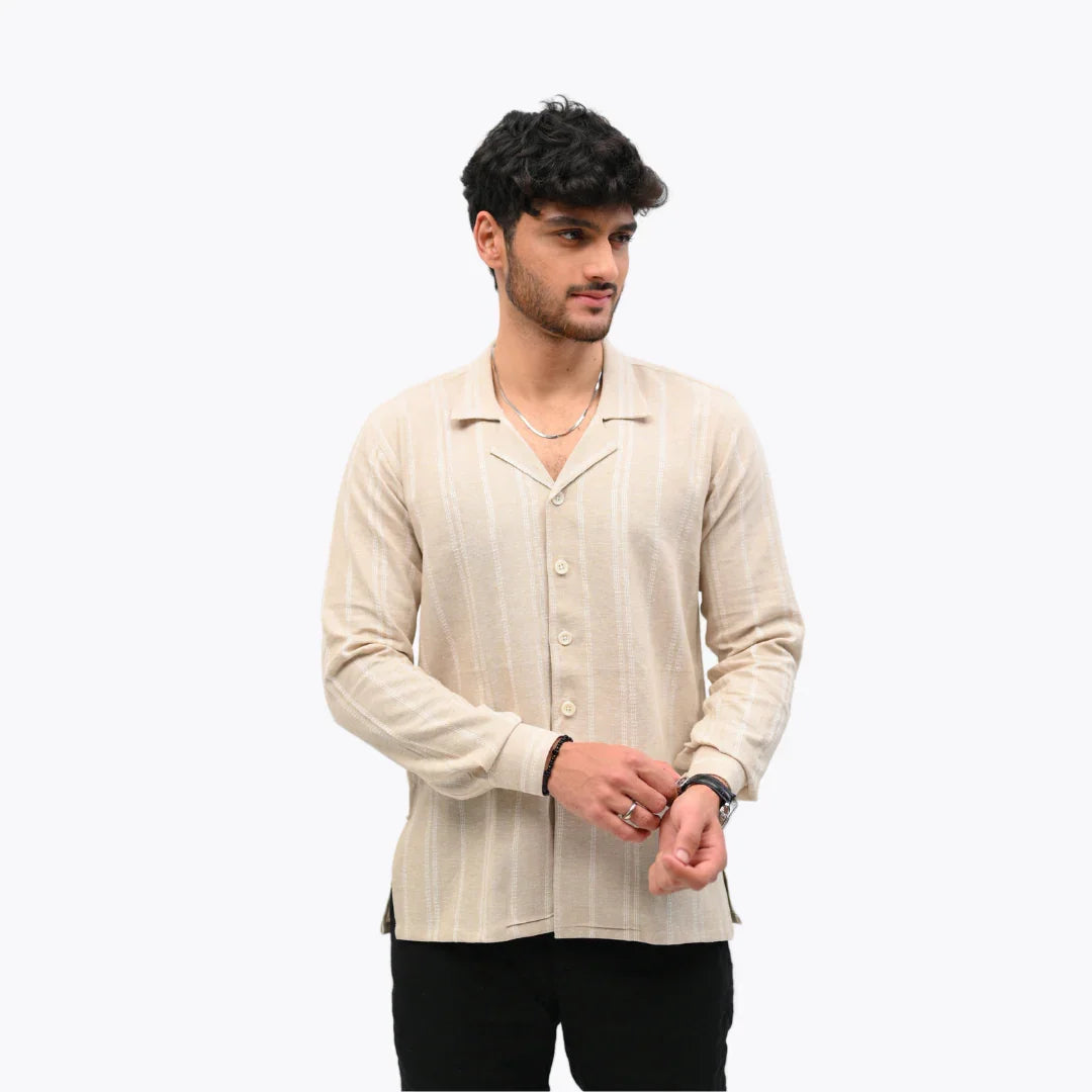 Beige Striped Collared Shirt - Mahi's