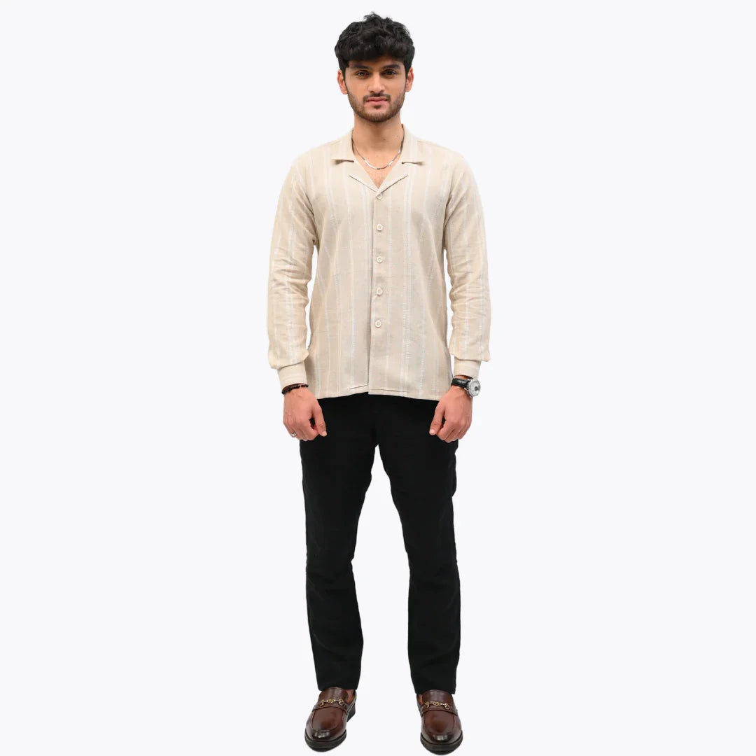 Beige Striped Collared Shirt - Mahi's
