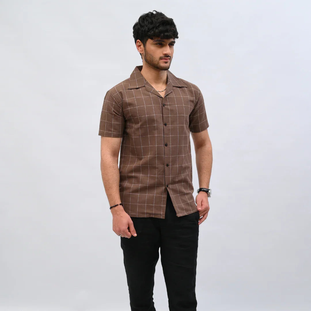 Brown Checkered Short-Sleeve Shirt - Mahi's