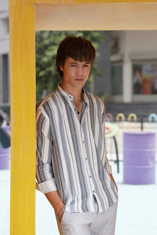 Soft Touch - Irish Linen Shirt - Stripped Grey