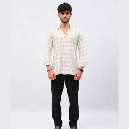 Beige Checkered Linen Shirt - Mahi's
