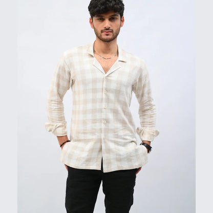 Beige Checkered Linen Shirt - Mahi's