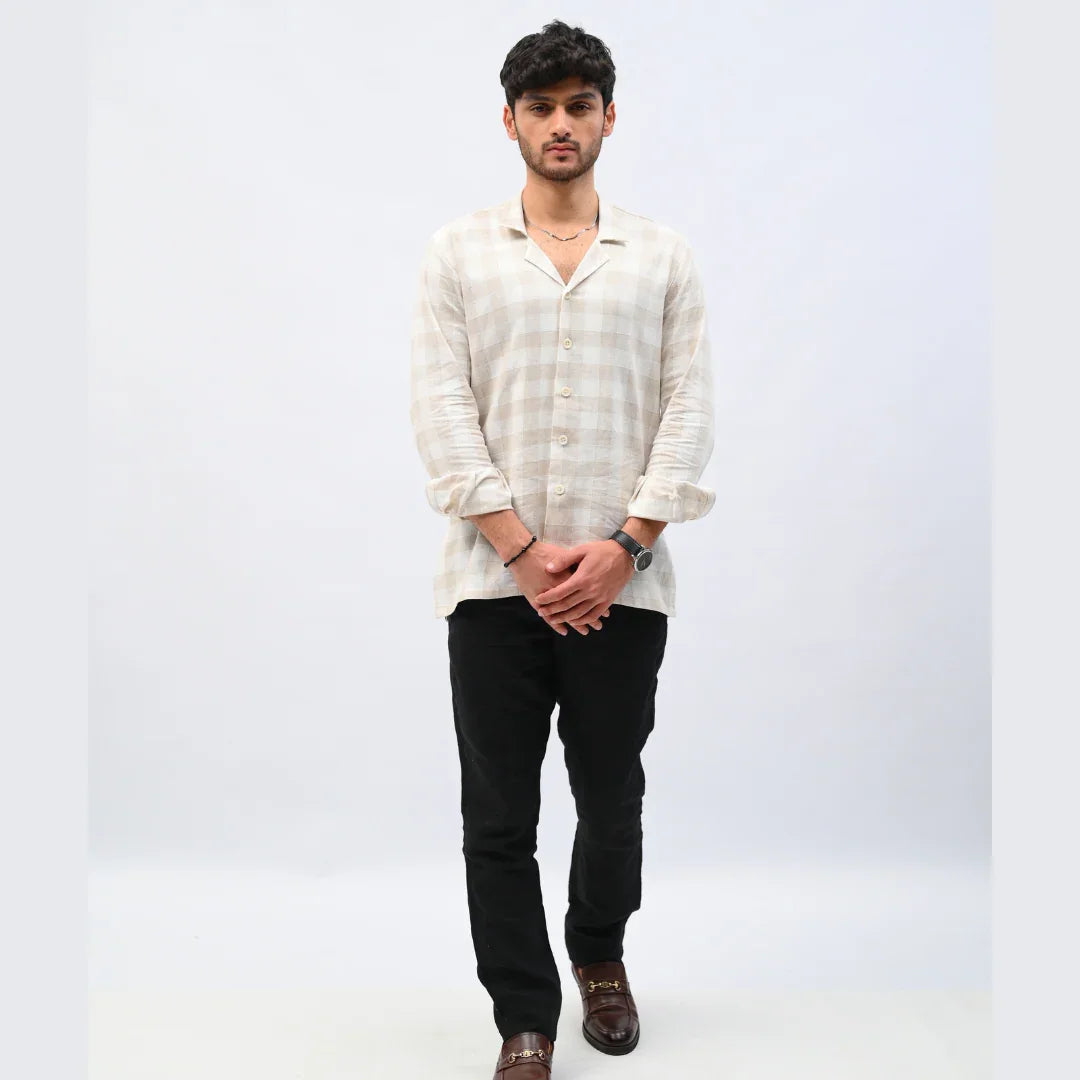 Beige Checkered Linen Shirt - Mahi's