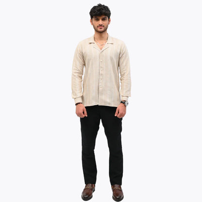 Beige Striped Collared Shirt - Mahi's