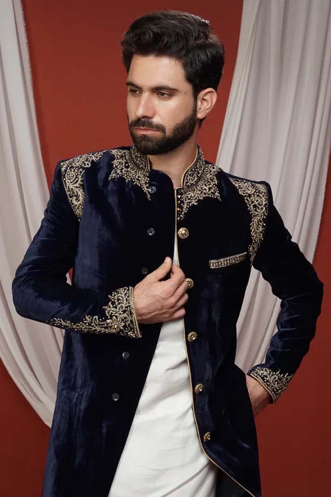 Navy Velvet sherwani